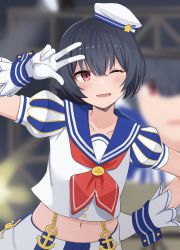 Rule 34 | 1girl, absurdres, anchor ornament, black hair, blue sailor collar, blurry, blurry background, blush, bob cut, buttons, chain, collarbone, commentary request, emu 1316, gloves, hand on own hip, hand up, hat, highres, idolmaster, idolmaster shiny colors, looking away, morino rinze, navel, neckerchief, one eye closed, puffy short sleeves, puffy sleeves, red eyes, red neckerchief, sailor collar, short hair, short sleeves, skirt, smile, solo, stage, w, white gloves, white hat, white skirt, wrist cuffs
