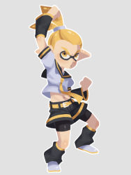 Rule 34 | 1boy, arm warmers, belt, bike shorts, bike shorts under shorts, blonde hair, commentary request, cosplay, hairband, inkling, inkling boy, inkling player character, kagamine len, kagamine len (cosplay), leg warmers, male focus, monster boy, nappooz, navel, necktie, nintendo, outline, pointy ears, sailor collar, sepia background, short sleeves, shorts, simple background, solo, splatoon (series), splatoon 1, stomach, tentacle hair, vocaloid, white outline, yellow eyes