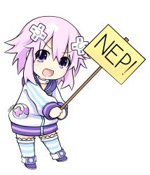 Rule 34 | 1girl, absurdres, blush, boots, chibi, d-pad, d-pad hair ornament, full body, hair between eyes, hair ornament, highres, hood, hood down, hooded jacket, jacket, long sleeves, looking at viewer, neptune (neptunia), neptune (series), open mouth, pink hair, purple eyes, purple footwear, short sleeves, smile, solo, striped clothes, striped thighhighs, thighhighs, thighhighs under boots, white jacket