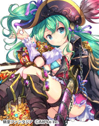 Rule 34 | + +, 1girl, aqua bikini, bikini, bikini top only, blue eyes, blush, boots, breasts, brown footwear, closed mouth, coin, copyright name, detached sleeves, gem, green hair, hat, head tilt, highres, long hair, matsuuni, pink skirt, seirei fantasia, sheath, sheathed, side ponytail, simple background, sitting, skirt, smile, solo, sparkle, swimsuit, sword, treasure, treasure chest, very long hair, weapon, white background