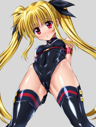 Rule 34 | 00s, 1girl, arm strap, arms behind back, bar censor, bare shoulders, belt bra, black gloves, black ribbon, black thighhighs, blonde hair, blush, bodysuit, breasts, buckle, cameltoe, censored, choker, covered navel, cowboy shot, crotch, fate testarossa, fate testarossa (movie 1st form), from below, gloves, grey background, hair ribbon, halterneck, hand on own thigh, highleg, highleg leotard, legs apart, leotard, long hair, looking at viewer, looking down, low-tied long hair, lyrical nanoha, magical girl, mahou shoujo lyrical nanoha, parted bangs, parted lips, red eyes, ribbon, sen (sansui), shiny clothes, sidelocks, simple background, skin tight, small breasts, solo, standing, taut clothes, thighhighs, turtleneck, twintails, underbust, very long hair