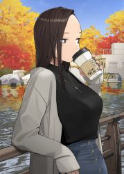 Rule 34 | 1girl, aged down, autumn, black sweater, blue sky, breasts, brown eyes, brown hair, commentary request, cup, day, drinking, forehead, ganbare douki-chan, grey jacket, highres, holding, holding cup, jacket, jewelry, lake, long hair, looking away, medium breasts, necklace, outdoors, senpai-san (douki-chan), sky, solo, sweater, water, yomu (sgt epper)