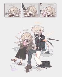 Rule 34 | 1boy, 1girl, :d, :o, ?, angel, arknights, black bag, black jacket, black skirt, blonde hair, blue eyes, blush, brown footwear, cecelia (arknights), child, closed eyes, collared shirt, commentary, cup, detached wings, disposable cup, enforcer (arknights), fingernails, flower, grey necktie, grey pants, grey socks, hair flower, hair ornament, halo, happy, highres, holding, holding cup, jacket, long hair, looking at another, mug, necktie, open mouth, pants, poncho, purple eyes, sandals, shirt, shoes, short hair, skirt, smile, socks, spoken question mark, symbol-only commentary, thurim6, twitter username, white flower, white hair, white shirt, wings