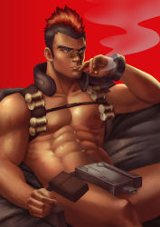 Rule 34 | 1boy, abs, absurdres, bandaid, bandaid on face, bandaid on nose, bara, bare pectorals, belt pouch, blue eyes, bracelet, cigarette, crestren, dark-skinned male, dark skin, highres, jewelry, kill la kill, kinagase tsumugu, male focus, mohawk, muscular, navel, nipples, pectorals, pouch, red background, revealing clothes, short hair, sitting, smoke, smoking, solo