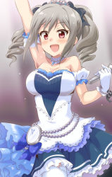 Rule 34 | 10s, 1girl, :d, arms up, bare shoulders, blush, breasts, cleavage, detached sleeves, dress, drill hair, gloves, grey hair, idolmaster, idolmaster cinderella girls, idolmaster cinderella girls starlight stage, kanzaki ranko, large breasts, long hair, microphone, open mouth, pocket watch, red eyes, smile, solo, strapless, strapless dress, thighhighs, tiara, uraichishi, watch, white gloves, white thighhighs