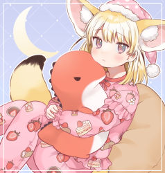 Rule 34 | 1girl, :&lt;, alternate costume, animal ear fluff, animal ears, bad id, bad twitter id, blonde hair, blush, bow, bowtie, brown hair, commentary request, extra ears, fennec (kemono friends), food print, fox ears, fox girl, fox tail, frilled sleeves, frills, fur trim, hat, highres, kemono friends, long sleeves, looking at viewer, multicolored hair, nightcap, pajamas, pants, pillow, pink hat, pink pajamas, puffy sleeves, red bow, red bowtie, short hair, sitting, solo, strawberry print, stuffed toy, suicchonsuisui, tail, white fur, white hair
