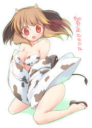 Rule 34 | 00s, 1girl, 2009, akeome, animal ears, animal print, bare shoulders, bikini, blush, breasts, brown hair, cleavage, cow ears, cow print, cow tail, emurin, japanese clothes, kimono, kneeling, large breasts, new year, original, red eyes, solo, swimsuit, tail, translated