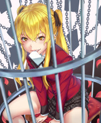 Rule 34 | 1girl, aona (anagasaki), birdcage, black hair, blazer, blonde hair, cage, chain, chair, hair between eyes, jacket, kakegurui, long hair, looking at viewer, mouth hold, petals, pleated skirt, prison, saotome mary, school uniform, sidelocks, sitting, skirt, smirk, solo, twintails, two side up