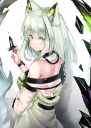 Rule 34 | 1girl, animal ears, arknights, bare shoulders, breasts, cat ears, closed mouth, dress, from behind, green dress, green eyes, green hair, highres, holding, holding syringe, jewelry, kal&#039;tsit (arknights), long hair, long sleeves, looking at viewer, looking back, medium breasts, mon3tr (arknights), open clothes, ring, see-through, solo, stethoscope, syringe, upper body, yuki kawachi