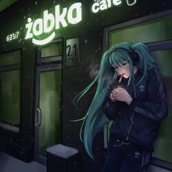 1girl adidas aqua_hair black_jacket black_nails black_pants building cigarette door hatsune_miku headphones highres jacket jewelry long_hair long_sleeves outdoors pants poland polish_text reonawoo ring smoking solo track_suit twintails very_long_hair vocaloid worldwide_miku