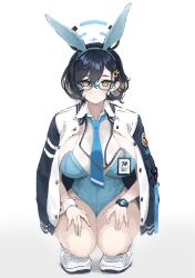 Rule 34 | 1girl, absurdres, alternate costume, animal ears, black hair, blue archive, blue eyes, blue necktie, breasts, chihiro (blue archive), fake animal ears, glasses, green eyes, hair ornament, halo, highres, id card, jacket, jacket on shoulders, large breasts, leotard, looking at viewer, multicolored clothes, multicolored jacket, necktie, playboy bunny, rabbit ears, rabbit hair ornament, semi-rimless eyewear, shoes, short hair, solo, squatting, swept bangs, thighs, two-tone jacket, ushimochi, watch, wristwatch