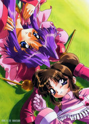 Rule 34 | 1990s (style), 1998, 2girls, blue eyes, brown hair, cherry (saber j), cherry (saber r), crossover, dated, from above, furudori yayoi, gloves, headdress, long hair, long sleeves, looking at viewer, lying, multiple girls, official art, on back, on ground, parted lips, purple hair, retro artstyle, saber marionette j, saber marionette r, smile, twintails