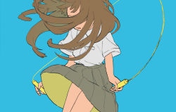 Rule 34 | 1girl, bare legs, blue background, brown hair, brown skirt, collared shirt, commentary request, covered eyes, highres, jump rope, long hair, open mouth, original, pleated skirt, school uniform, shiki haru, shirt, short sleeves, simple background, skirt, solo, white shirt, wind, wind lift