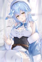 Rule 34 | 1girl, absurdres, blue hair, breasts, cleavage, commentary request, elf, flower, fuchi (0616tk), hair flower, hair ornament, half updo, heart, highres, hololive, large breasts, long hair, looking at viewer, multicolored hair, pointy ears, solo, streaked hair, thighhighs, virtual youtuber, white thighhighs, yellow eyes, yukihana lamy
