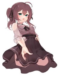Rule 34 | 1girl, absurdres, belt, black belt, black bow, black choker, black skirt, blush, bow, breasts, brown hair, chessy, choker, clothing cutout, cropped legs, grey shirt, hair between eyes, hand on own hip, highres, hololive, natsuiro matsuri, natsuiro matsuri (casual), official alternate costume, open mouth, pointing, pointing at viewer, shirt, shirt tucked in, shoulder cutout, side ponytail, skirt, small breasts, solo, virtual youtuber, white background