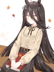 Rule 34 | 1girl, absurdres, ahoge, alternate costume, animal ears, bench, black hair, blouse, blush, book, book on lap, bookmark, brown shirt, closed mouth, commentary request, earrings, flat chest, hair between eyes, highres, horse ears, horse girl, horse tail, jewelry, long hair, long sleeves, manhattan cafe (umamusume), on bench, outdoors, plaid, plaid skirt, puffy sleeves, shirt, simple background, single earring, sitting, skirt, solo, sparkle, tail, tetora (oudonoishiize), umamusume, very long hair, white background, yellow eyes
