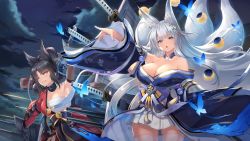 Rule 34 | 2girls, animal ear fluff, animal ears, armpits, azur lane, bare shoulders, black gloves, black hair, blue butterfly, blue eyes, blue kimono, breasts, bug, butterfly, cleavage, collarbone, elbow gloves, eyeshadow, floating hair, fox ears, fox girl, fox tail, gloves, hair ornament, head tilt, highres, holding, holding sword, holding weapon, insect, japanese clothes, katana, kii (azur lane), kimono, kitsune, large breasts, long hair, long sleeves, looking at viewer, machinery, makeup, multiple girls, multiple tails, night, night sky, off shoulder, open mouth, outdoors, outstretched arm, parted lips, pleated skirt, purple eyes, red kimono, sarashi, shimotsuki shio, shinano (azur lane), silver hair, single bare shoulder, skirt, sky, smile, sword, tail, thighhighs, turret, very long hair, weapon, white legwear, wide sleeves