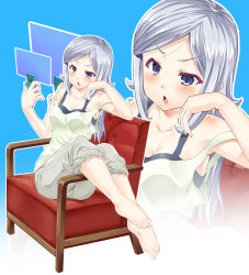 Rule 34 | 10s, 1girl, :o, aila jyrkiainen, bare shoulders, barefoot, blue background, blush, breasts, chair, cleavage, ekakibito, feet, floating screen, gundam, gundam build fighters, highres, long hair, pants, pants rolled up, purple eyes, silver hair, simple background, sitting, sitting sideways, solo, strap slip, tank top, toes, zoom layer