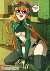 Rule 34 | 1girl, belt, bottomless, breasts, breasts out, brown eyes, glasses, grey thighhighs, heart, heart-shaped pupils, highres, kinkymation, long hair, long sleeves, nipple slip, nipples, open mouth, orange hair, persona, persona 5, pussy, sakura futaba, sitting, small breasts, smile, solo, spoken heart, symbol-shaped pupils, tagme, thighhighs, very long hair, wariza