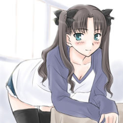 Rule 34 | 1girl, boribeya, borrowed clothes, fate/stay night, fate (series), leaning, looking at viewer, lowres, shirt, solo, t-shirt, tohsaka rin, two side up