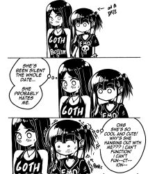 Rule 34 | 2girls, 3koma, bare shoulders, bracelet, choker, clothes writing, comic, commentary, corrupted twitter file, earrings, emo-girl (grs-), emo fashion, english commentary, english text, flustered, goth-girl (grs-), greyscale, grs-, highres, jewelry, long hair, medium hair, monochrome, multiple girls, necklace, no mouth, original, print shirt, shirt, short ponytail, short sleeves, side ponytail, simple background, speech bubble, spiked bracelet, spikes, sweatdrop, t-shirt, trembling, white background, yuri
