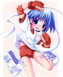 Rule 34 | 1girl, ahoge, bandaid, bandaid on face, bandaid on nose, blue hair, blush, elbow pads, feet, fighting stance, fingerless gloves, gloves, gym uniform, highres, matsubara aoi, open mouth, pop, shoes, short hair, shorts, single shoe, soles, solo, to heart, to heart (series)