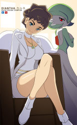 Rule 34 | 10s, 1girl, bare legs, black hair, blue eyes, breasts, champion (ragnarok online), character name, choker, coat, couch, creatures (company), crossed arms, crossed legs, diantha (pokemon), eyebrows, game freak, gardevoir, gen 3 pokemon, jewelry, large breasts, looking at viewer, looking back, necklace, nintendo, pokemon, pokemon (creature), pokemon xy, red eyes, shoes, short hair, sitting, smile, text focus, vest, vivivoovoo, white footwear, white vest