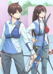 Rule 34 | 2020 summer olympics, 2girls, aiming, akagi (kancolle), alternate costume, archery, bow (weapon), brown eyes, brown hair, chest protector, commentary request, compound bow, cowboy shot, grey pants, highres, holding, holding bow (weapon), holding weapon, kaga (kancolle), kantai collection, long hair, multicolored shirt, multiple girls, olympics, pants, side ponytail, sportswear, standing, straight hair, taruya, weapon