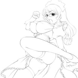 Rule 34 | 1girl, breasts, cameltoe, glasses, greyscale, high kick, impossible clothes, kicking, large breasts, lineart, long hair, looking at viewer, maid, mashue, monochrome, open mouth, panties, pantyshot, simple background, solo, thighhighs, underwear, white background