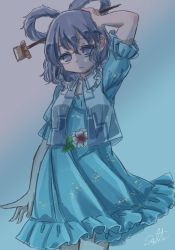 1girl, absurdres, arm up, bangs, blue background, blue dress, blue eyes, blue hair, breasts, closed mouth, collarbone, cowboy shot, dress, drill hair, drill locks, expressionless, eyebrows visible through hair, flower, frills, gradient, gradient background, hair between eyes, hair ornament, hair rings, hair stick, hand on head, highres, kaku seiga, looking at viewer, medium hair, no pupils, puffy short sleeves, puffy sleeves, salt (seasoning), short sleeves, signature, simple background, sketch, small breasts, solo, standing, touhou, twin drills, vest, white flower, white vest