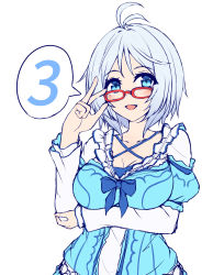 Rule 34 | .live, 1girl, :d, adjusting eyewear, arm up, blue bow, blue dress, blue eyes, blush, bow, breasts, collarbone, dress, etan14, glasses, head tilt, highres, layered sleeves, long sleeves, medium breasts, open mouth, parted bangs, puffy short sleeves, puffy sleeves, red-framed eyewear, short hair, short over long sleeves, short sleeves, silver hair, dennou shoujo siro, smile, solo, speech bubble, virtual youtuber, white background