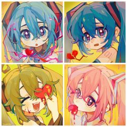 Rule 34 | blood, blood on face, blue hair, broken heart, crying, crying with eyes open, green hair, hatsune miku, heart, heart in mouth, highres, necktie, open mouth, pink hair, suuroku, tagme, tears, twintails, vocaloid, yellow background