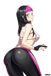 Rule 34 | 1girl, artist name, ass, ass focus, bare shoulders, black hair, breasts, capcom, closed mouth, female focus, han juri, highres, huge ass, johwa (1n33dyour1ov3), large breasts, long hair, looking at viewer, looking back, multicolored hair, official alternate costume, pants, pink eyes, pink hair, purple nails, shirt, sideboob, simple background, sleeveless, sleeveless shirt, smile, solo, street fighter, street fighter v, two-tone hair, white background, white shirt, yoga pants