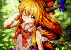 Rule 34 | 1girl, ;p, bow, brown eyes, eyebrows, flower, from above, grass, hair bow, hand in own hair, horn ornament, horn ribbon, horns, ibuki suika, light rays, long hair, looking at viewer, one eye closed, oni, orange hair, pursechan, ribbon, shirt, single horn, sleeveless, sleeveless shirt, smile, solo, sunbeam, sunlight, tongue, tongue out, touhou