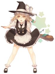 Rule 34 | 1girl, :d, apron, bad id, bad pixiv id, black footwear, black hat, black necktie, black skirt, black vest, blonde hair, bow, broom, buttons, cats brain, collared shirt, eyebrows, frilled apron, frilled bow, frilled skirt, frills, full body, green bow, green ribbon, hair between eyes, hair bow, hat, hat bow, hat ribbon, holding, holding broom, kirisame marisa, leaning forward, legs apart, long hair, looking at viewer, mary janes, necktie, open mouth, orange eyes, ribbon, shade, shirt, shoes, short sleeves, skirt, skirt set, smile, socks, solo, standing, star (symbol), touhou, vest, waist apron, white apron, white bow, white ribbon, white shirt, white socks, witch hat, yellow eyes