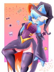 Rule 34 | 1girl, absurdres, alternate color, animal ear fluff, animal ears, arm at side, armband, artist name, bare shoulders, bat (animal), black choker, black hat, black skirt, black sleeves, black thighhighs, blue hair, blue skin, blush, bob cut, border, breasts, bug, candy, cat ears, cat girl, choker, closed mouth, colored skin, covered navel, creatures (company), crescent moon, cross, detached sleeves, earrings, ears through headwear, eyes visible through hair, female focus, food, food-themed earrings, game freak, gardevoir, gen 3 pokemon, ghost, gradient background, halloween, hand on own chest, hand up, happy, hat, highres, jewelry, kemonomimi mode, latin cross, long skirt, long sleeves, looking at viewer, medium breasts, moon, multicolored skin, multiple earrings, nintendo, one eye closed, orange background, orange eyes, outside border, pokemon, pokemon (creature), purple background, purple shirt, shiny clothes, shiny pokemon, shirt, short hair, side slit, skindentation, skirt, smile, smoothpen, solo, spider, split mouth, standing, star (symbol), strapless, strapless shirt, thighhighs, two-sided fabric, two-sided skirt, two-tone background, two-tone skin, watermark, white border, white skin, wide sleeves, wink, witch hat