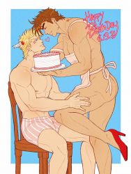 Rule 34 | 2boys, abs, apron, ass, bara, boxers, bulge, caesar anthonio zeppeli, catneylang, couple, dark-skinned male, dark skin, eye contact, feet out of frame, from side, hand on another&#039;s thigh, happy birthday, high heels, highres, jojo no kimyou na bouken, joseph joestar, joseph joestar (young), looking at another, male focus, male underwear, multiple boys, muscular, muscular male, naked apron, navel hair, nipples, pectoral cleavage, pectorals, pink male underwear, print male underwear, red footwear, short hair, sideburns, sitting, smile, stomach, thighs, underwear, underwear only, yaoi
