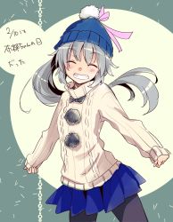 Rule 34 | 1girl, beanie, black pantyhose, blue hat, blue skirt, blush, closed eyes, cowboy shot, dated, facing viewer, grey hair, grin, hat, long hair, long sleeves, makuwauri, mononobe no futo, pantyhose, pleated skirt, pom pom (clothes), ponytail, skirt, smile, solo, sweater, touhou, white sweater