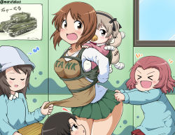 Rule 34 | !, &gt; &lt;, 10s, 5girls, aged down, apron, blouse, brown eyes, brown hair, carrying, character name, churchill (tank), closed eyes, clothes writing, drawing, girls und panzer, green skirt, hat, instrument, kantele, kindergarten uniform, looking at another, looking back, looking up, maru takeo, mika (girls und panzer), military, military vehicle, miniskirt, motor vehicle, multiple girls, musical note, nishi kinuyo, nishizumi miho, ooarai school uniform, open mouth, pacifier, piggyback, pleated skirt, quaver, red hair, rosehip (girls und panzer), school uniform, shimada arisu, shirt, short hair, side ponytail, sitting, skirt, smile, standing, stuffed animal, stuffed toy, tank, teddy bear, translated, twitter username, vehicle, white shirt
