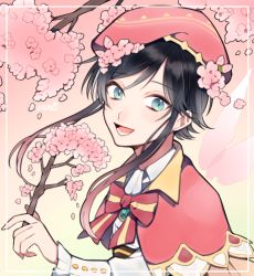 Rule 34 | 1boy, black hair, blue eyes, bow, branch, cherry blossoms, cookie galo, flower, frilled sleeves, frills, gem, genshin impact, gradient hair, hair flower, hair ornament, hat, holding, holding branch, long sleeves, looking at viewer, male focus, multicolored hair, open mouth, petals, pink background, pink hair, pink hat, short hair with long locks, sidelocks, simple background, smile, solo, trap, venti (genshin impact)
