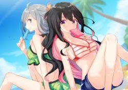 Rule 34 | 10s, 2girls, ahoge, asashimo (kancolle), back-to-back, bare arms, bare legs, bare shoulders, bikini, bikini skirt, bikini top only, black hair, blue shorts, blue sky, blurry, blush, breasts, cleavage, cloud, collarbone, day, depth of field, dutch angle, eating, food, green bikini, green eyes, hiiragi souren, holding, holding food, kantai collection, looking at viewer, looking back, medium breasts, multicolored eyes, multicolored hair, multiple girls, naganami (kancolle), outdoors, palm tree, pink hair, plant, popsicle, profile, purple eyes, short hair, shorts, silver hair, sitting, sky, striped bikini, striped clothes, summer, swimsuit, tree, two-tone hair, yellow eyes
