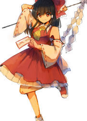 Rule 34 | 1girl, arm behind head, ascot, blunt bangs, bow, breasts, brown hair, detached sleeves, frilled bow, frilled skirt, frills, gohei, hair bow, hair tubes, hakurei reimu, kujikimi, looking at viewer, mary janes, medium hair, nontraditional miko, red bow, red eyes, red skirt, ribbon-trimmed sleeves, ribbon trim, shoes, sidelocks, skirt, skirt set, sleeveless, small breasts, smile, socks, solo, standing, standing on one leg, touhou, waist bow, white background, white socks, wide sleeves, yellow ascot
