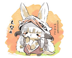 Rule 34 | 1other, black eyes, blush, brown fur, chibi, claws, furry, hat, highres, horns, hotathino, long hair, made in abyss, nanachi (made in abyss), simple background, tail, topless, triangle mouth, whiskers, white hair