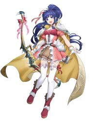 Rule 34 | 1girl, ankle boots, armor, arrow (projectile), blue eyes, blue hair, boots, bow (weapon), braid, breasts, cape, collar, corset, faulds, fingerless gloves, fire emblem, fire emblem: the sacred stones, fire emblem heroes, frills, full body, gloves, hair ornament, high ponytail, highres, holding, holding weapon, jewelry, long hair, medium breasts, mikurou (nayuta), nintendo, non-web source, official art, open mouth, ponytail, puffy short sleeves, puffy sleeves, quiver, ribbon, short sleeves, shoulder armor, sidelocks, skirt, smile, solo, tana (fire emblem), thighhighs, transparent background, weapon, zettai ryouiki