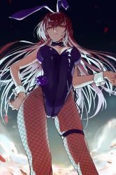Rule 34 | 1girl, animal ears, bow, bowtie, breasts, detached collar, fake animal ears, fate/grand order, fate (series), fishnet pantyhose, fishnets, hair between eyes, large breasts, leotard, long hair, looking at viewer, march ab, official alternate costume, pantyhose, playboy bunny, purple hair, rabbit ears, red eyes, scathach (fate), scathach (piercing bunny) (fate), solo, very long hair, wing collar, wrist cuffs