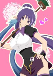 Rule 34 | 00s, 1girl, blue hair, breasts, broom, hand on own hip, head tilt, heart, highres, judith (tales), large breasts, long hair, maid headdress, md5 mismatch, multicolored hair, official alternate costume, pointy ears, purple eyes, purple hair, resolution mismatch, side slit, skirt, solo, source smaller, tales of (series), tales of vesperia, tara (ffix589), thighhighs, tri tails, two-tone hair, very long hair, wrist cuffs