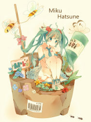Rule 34 | 1girl, 39, ant, bad id, bad pixiv id, barcode, bee, bug, character name, detached sleeves, flower, green eyes, green hair, hair flower, hair ornament, hatsune miku, hugging own legs, insect, kanamori mao, ladybug, long hair, matching hair/eyes, necktie, sitting, solo, spring onion, twintails, vocaloid