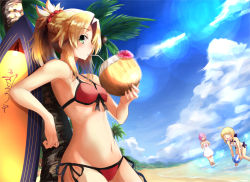 Rule 34 | 3girls, absurdres, ahoge, artoria pendragon (all), artoria pendragon (fate), artoria pendragon (swimsuit archer) (first ascension) (fate), blonde hair, blush, breasts, cleavage, closed eyes, coconut, drinking straw, fate (series), flower, fruit cup, fuu (fuore), green eyes, highres, looking at another, looking at viewer, mash kyrielight, mash kyrielight (swimsuit of perpetual summer), medium breasts, mordred (fate), mordred (fate/apocrypha), mordred (swimsuit rider) (first ascension) (fate), multiple girls, navel, official alternate costume, parted lips, pink hair, saber (fate), short hair, smile, standing, surfboard, swimsuit