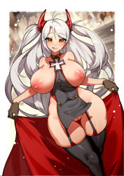 Rule 34 | 1girl, absurdres, ahoge, azur lane, breasts, breasts out, cleft of venus, clitoris, collar, cross, garter straps, gloves, halterneck, headgear, highres, huge breasts, iron cross, licking lips, long hair, mole, mole on breast, nipples, no panties, prinz eugen (azur lane), pussy, shiny skin, skindentation, solo, thick thighs, thigh gap, thighhighs, thighs, tongue, tongue out, two side up, uncensored, upskirt, very long hair, white hair, wide hips, yellow eyes, yeong r6