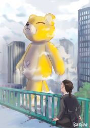 Rule 34 | building, digimon, digimon (creature), highres, looking at another, monzaemon, stuffed animal, stuffed toy, teddy bear, walking